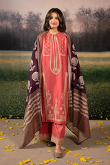 BrandsInn-3PC DHANAK EMBROIDERED SHIRT WITH COURTRAI PRINTED SHAWL AND EMB TROUSER-BI-4204