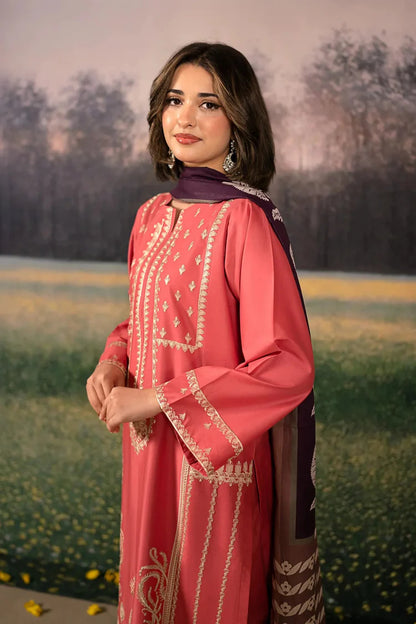 BrandsInn-3PC DHANAK EMBROIDERED SHIRT WITH COURTRAI PRINTED SHAWL AND EMB TROUSER-BI-4204