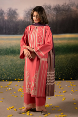 BrandsInn-3PC DHANAK EMBROIDERED SHIRT WITH COURTRAI PRINTED SHAWL AND EMB TROUSER-BI-4204