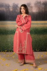 BrandsInn-3PC DHANAK EMBROIDERED SHIRT WITH COURTRAI PRINTED SHAWL AND EMB TROUSER-BI-4204