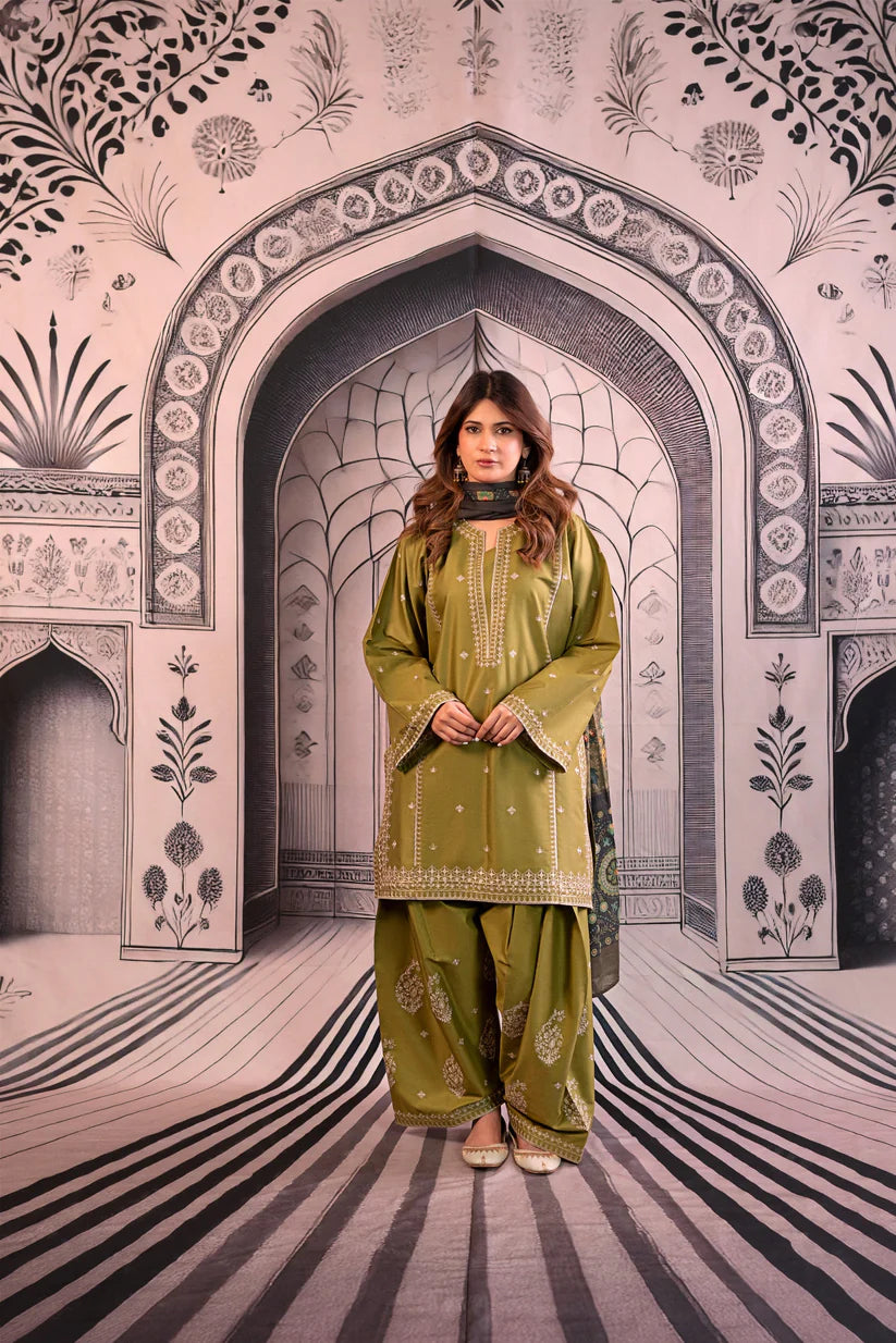 BrandsInn-3PC DHANAK EMBROIDERED SHIRT WITH COUTRAI PRINTED SHAWL & EMB TROUSER-BI-4118