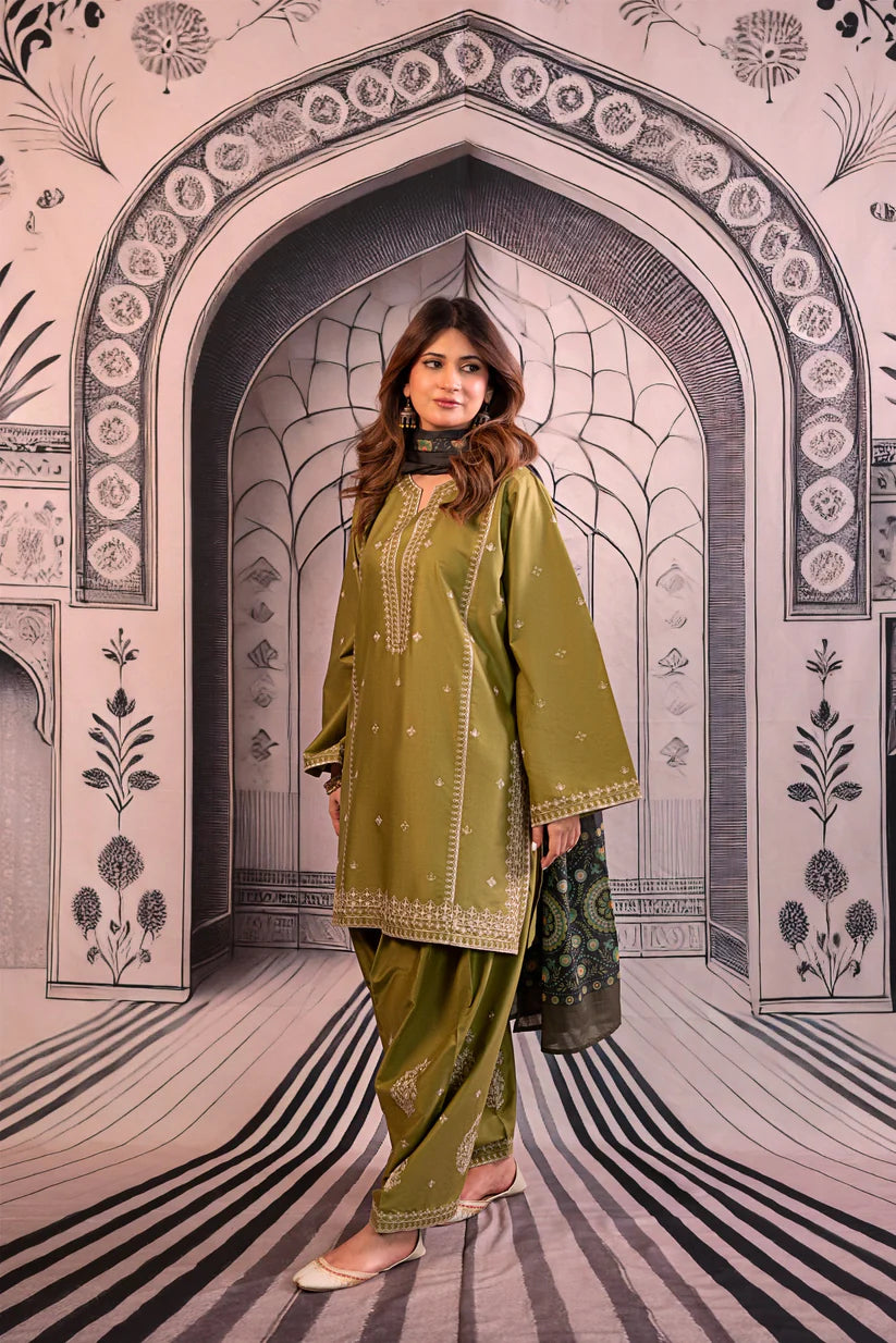 BrandsInn-3PC DHANAK EMBROIDERED SHIRT WITH COUTRAI PRINTED SHAWL & EMB TROUSER-BI-4118