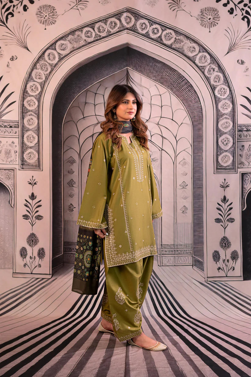 BrandsInn-3PC DHANAK EMBROIDERED SHIRT WITH COUTRAI PRINTED SHAWL & EMB TROUSER-BI-4118