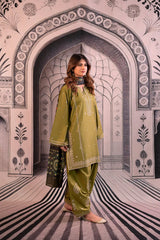 BrandsInn-3PC DHANAK EMBROIDERED SHIRT WITH COUTRAI PRINTED SHAWL & EMB TROUSER-BI-4118