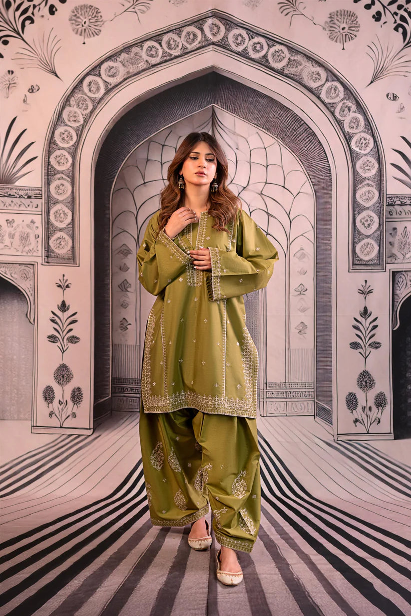BrandsInn-3PC DHANAK EMBROIDERED SHIRT WITH COUTRAI PRINTED SHAWL & EMB TROUSER-BI-4118
