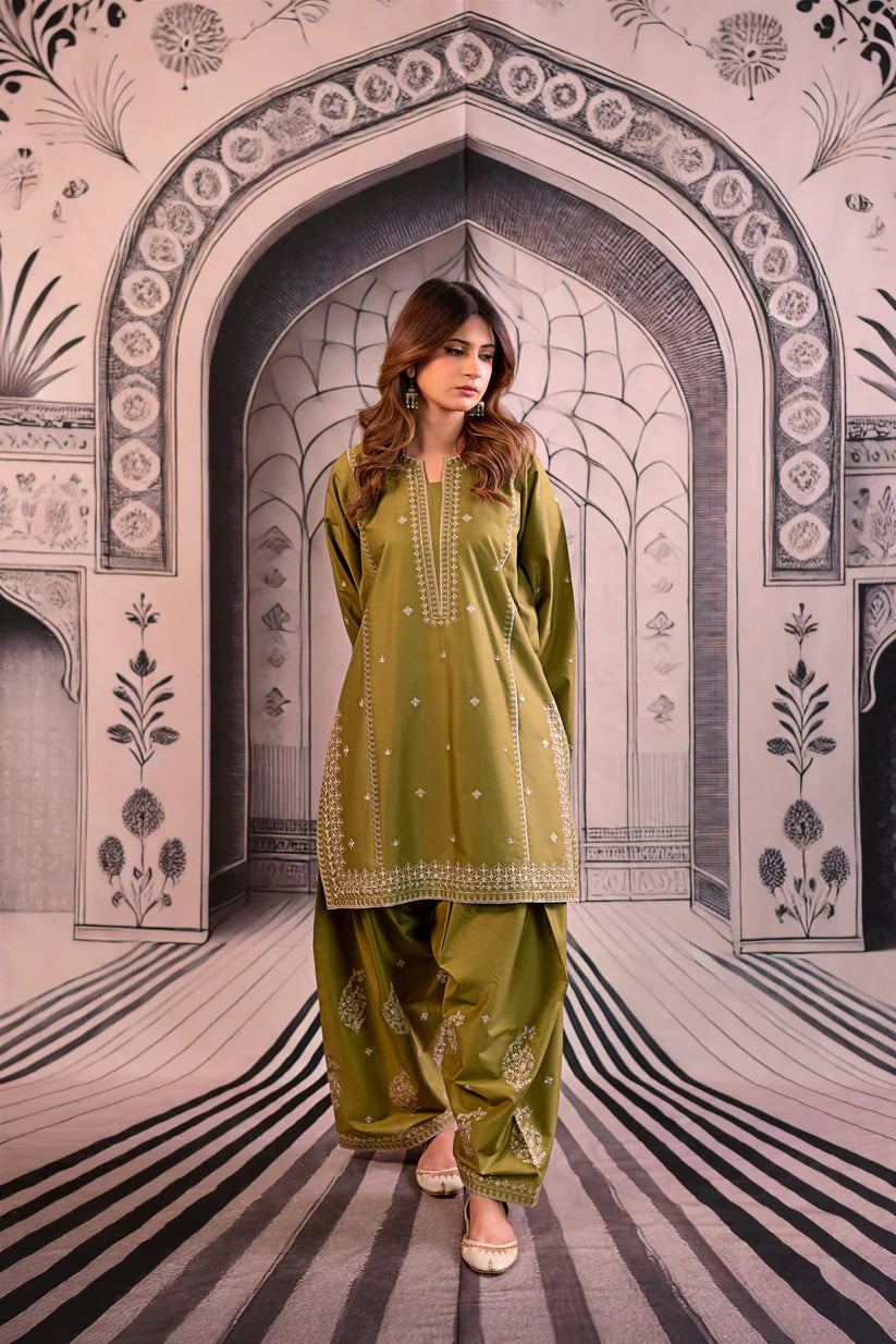 BrandsInn-3PC DHANAK EMBROIDERED SHIRT WITH COUTRAI PRINTED SHAWL & EMB TROUSER-BI-4118