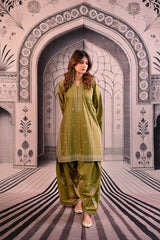 BrandsInn-3PC DHANAK EMBROIDERED SHIRT WITH COUTRAI PRINTED SHAWL & EMB TROUSER-BI-4118