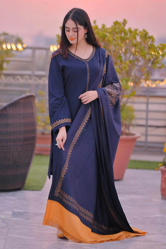 BrandsInn-3PC DHANAK EMBROIDERED SHIRT WITH COUTRAI PRINTED SHAWL AND TROUSER-BI-4084