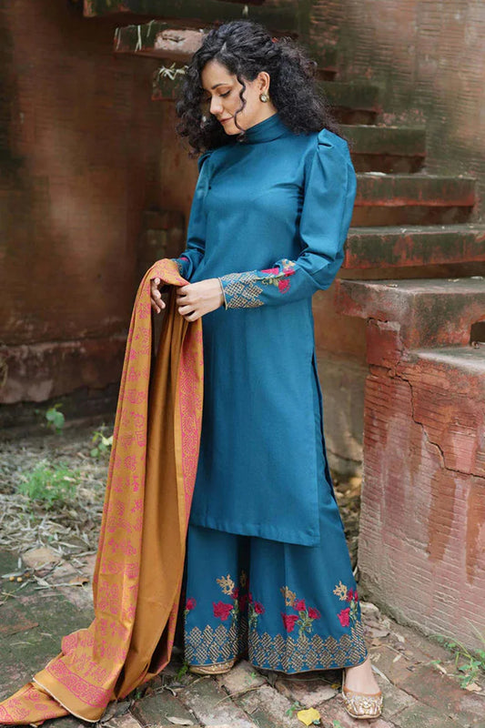 BrandsInn - 3PC DHANAK EMBROIDERED SHIRT WITH WOOL PRINTED SHAWL AND TROUSER-BI-4086