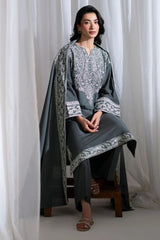 BrandsInn-3PC DHANAK EMBROIDERED SHIRT WITH DHANAK EMBROIDERED SHAWL AND TROUSER-BI-5286