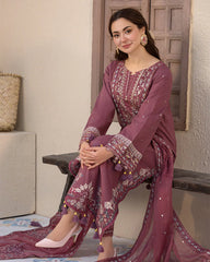 BrandsInn-3PC LAWN SEQUENCE EMBROIDERED SHIRT WITH CHIFFON EMBROIDERED DUPATTA AND TROUSER-BI-366