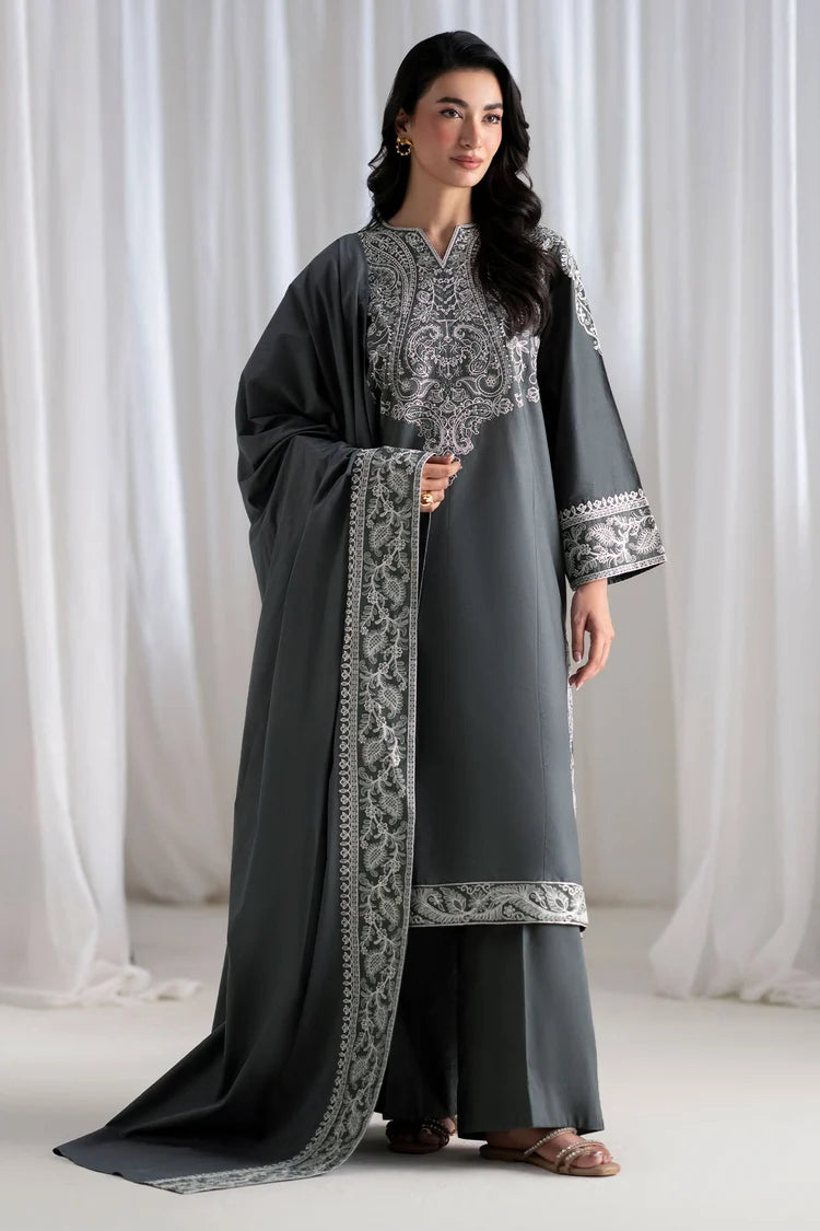 BrandsInn-3PC DHANAK EMBROIDERED SHIRT WITH DHANAK EMBROIDERED SHAWL AND TROUSER-BI-5286