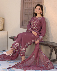 BrandsInn-3PC DHANAK SEQUENCE EMBROIDERED SHIRT WITH DHANAK SHAWL  AND TROUSER-BIC-4087