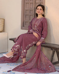 BrandsInn-3PC LAWN SEQUENCE EMBROIDERED SHIRT WITH CHIFFON EMBROIDERED DUPATTA AND TROUSER-BI-366