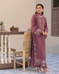 BrandsInn-3PC DHANAK SEQUENCE EMBROIDERED SHIRT WITH DHANAK SHAWL  AND TROUSER-BIC-4087