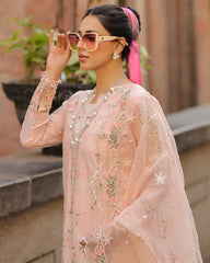 BrandsInn-3PC LAWN CHIKAN EMBROIDERED SHIRT WITH KHADDI NET EMB DUPATTA AND TROUSER-BI-4718