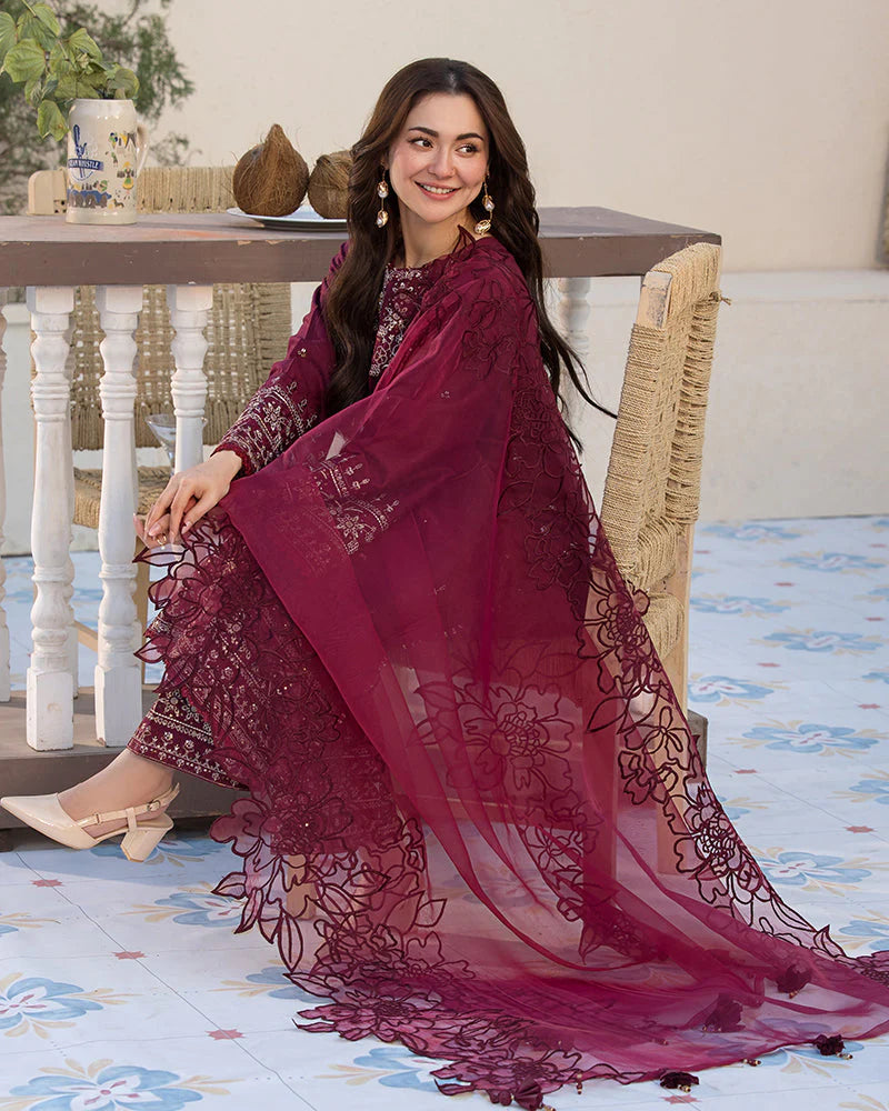BrandsInn-3PC DHANAK EMBROIDERED SHIRT WITH ORGANZA EMBROIDERED DUAPATTA AND EMB TROUSER--BI-4160