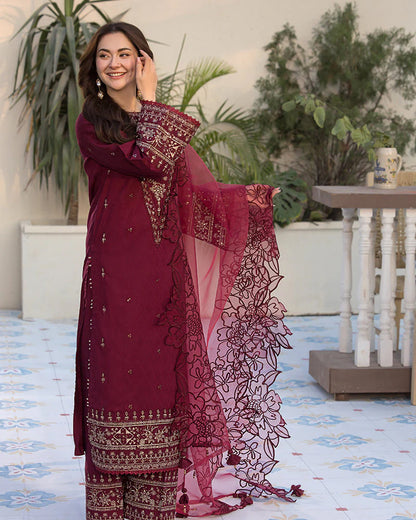 BrandsInn-3PC DHANAK EMBROIDERED SHIRT WITH ORGANZA EMBROIDERED DUAPATTA AND EMB TROUSER--BI-4160