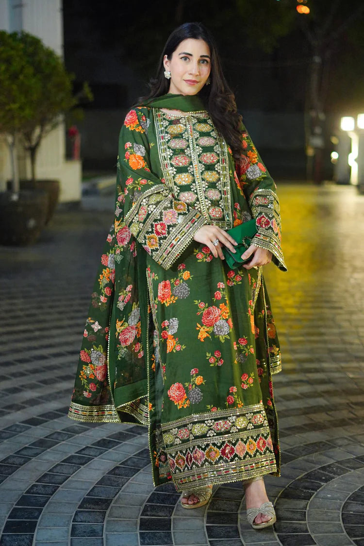 BrandsInn-3PC SHAMOZE SILK PRINTED EMBROIDERED SHIRT WITH SOFT SILK PRINTED EMB DUPATTA & PRINTED TROUSER BI-1739