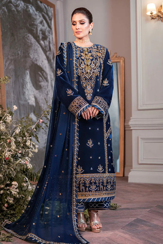 BrandsInn-3PC VELVET EMBROIDERED SHIRT WITH CHIFFON EMBROIDERED DUPATTA & TROUSER-BI-4311