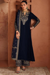 BrandsInn-3PC VELVET EMBROIDERED NECKLINE WITH ORGANZA EMBROIDERED DUPATTA & VELVET EMB TROUSER-BI-4362