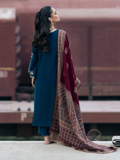 BrandsInn-3PC DHANAK EMBROIDERED SHIRT WITH COURTRAI PRINTED SHAWL & TROUSER-BI-4226