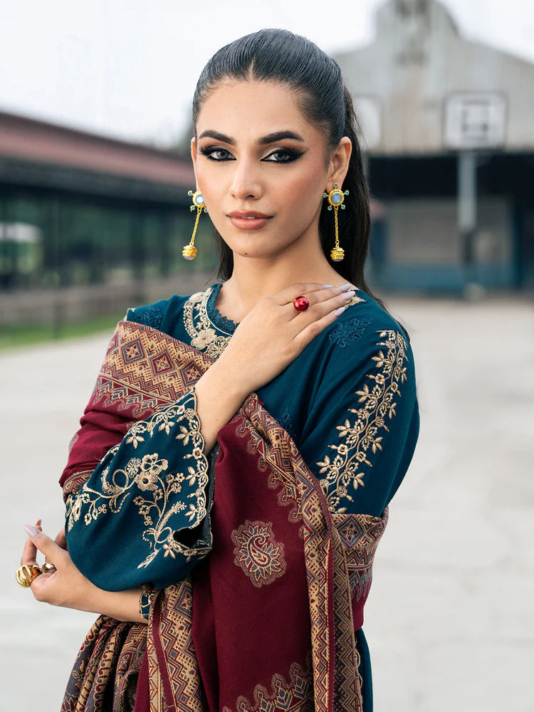BrandsInn-3PC DHANAK EMBROIDERED SHIRT WITH COURTRAI PRINTED SHAWL & TROUSER-BI-4226