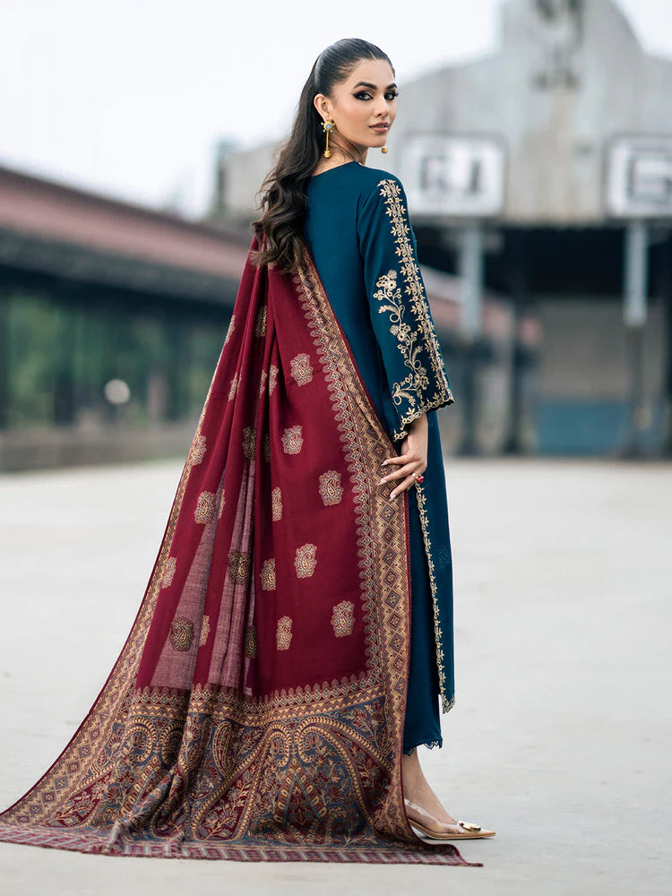 BrandsInn-3PC DHANAK EMBROIDERED SHIRT WITH COURTRAI PRINTED SHAWL & TROUSER-BI-4226
