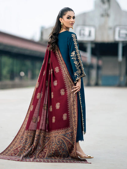 BrandsInn-3PC DHANAK EMBROIDERED SHIRT WITH COURTRAI PRINTED SHAWL & TROUSER-BI-4226