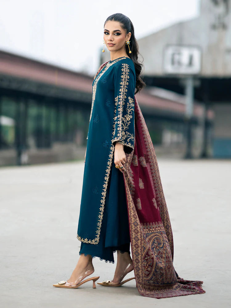 BrandsInn-3PC DHANAK EMBROIDERED SHIRT WITH COURTRAI PRINTED SHAWL & TROUSER-BI-4226