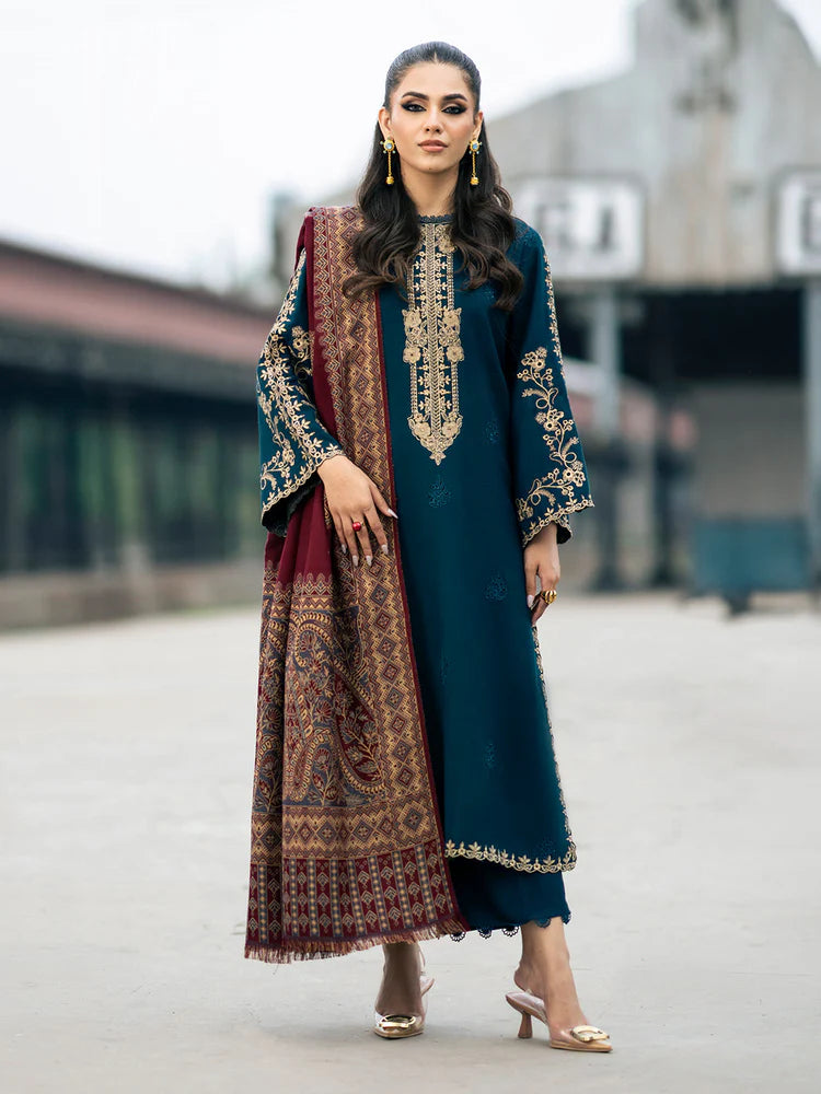 BrandsInn-3PC DHANAK EMBROIDERED SHIRT WITH COURTRAI PRINTED SHAWL & TROUSER-BI-4226