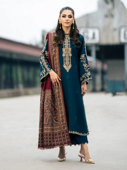 BrandsInn-3PC DHANAK EMBROIDERED SHIRT WITH COURTRAI PRINTED SHAWL & TROUSER-BI-4226