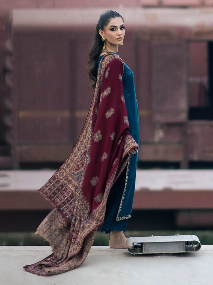 BrandsInn-3PC DHANAK EMBROIDERED SHIRT WITH COURTRAI PRINTED SHAWL & TROUSER-BI-4226