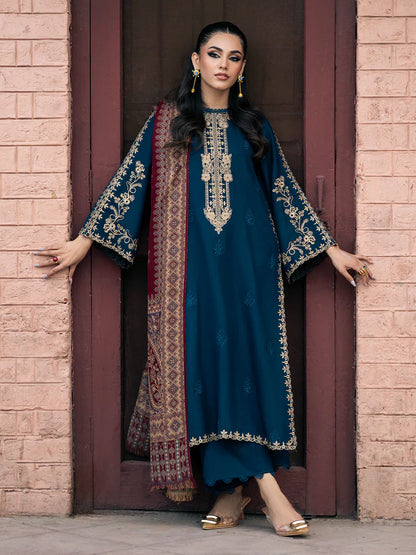 BrandsInn-3PC DHANAK EMBROIDERED SHIRT WITH COURTRAI PRINTED SHAWL & TROUSER-BI-4226