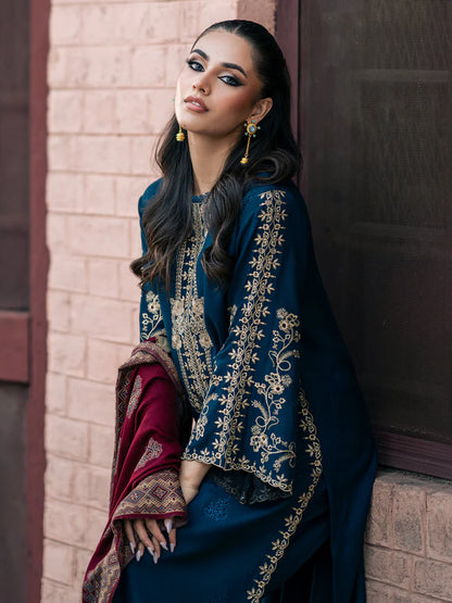 BrandsInn-3PC DHANAK EMBROIDERED SHIRT WITH COURTRAI PRINTED SHAWL & TROUSER-BI-4226