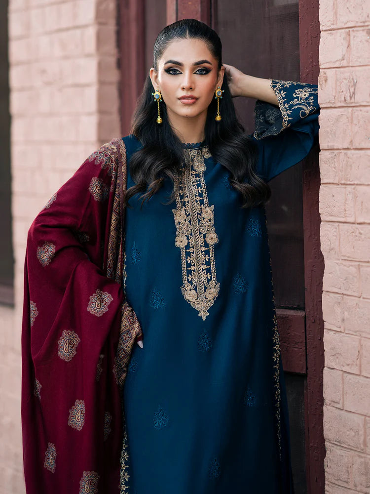 BrandsInn-3PC DHANAK EMBROIDERED SHIRT WITH COURTRAI PRINTED SHAWL & TROUSER-BI-4226