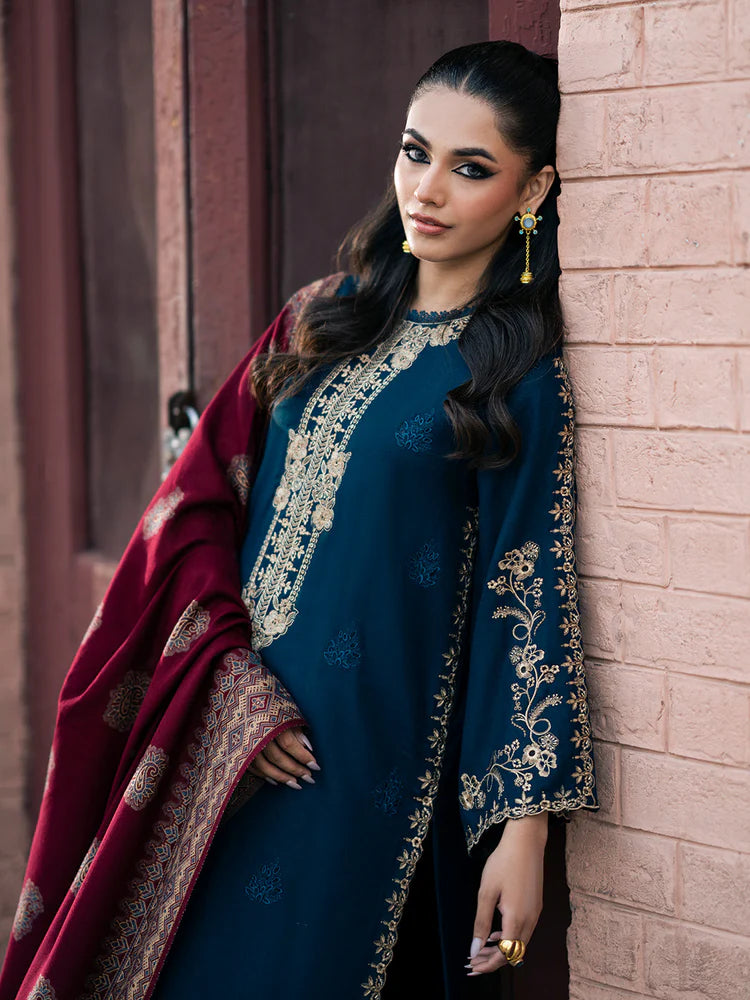 BrandsInn-3PC DHANAK EMBROIDERED SHIRT WITH COURTRAI PRINTED SHAWL & TROUSER-BI-4226