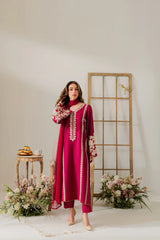 BrandsInn-3PC DHANAK EMBROIDERED SHIRT WITH DHANAK SHAWL AND TROUSER-BI-4290