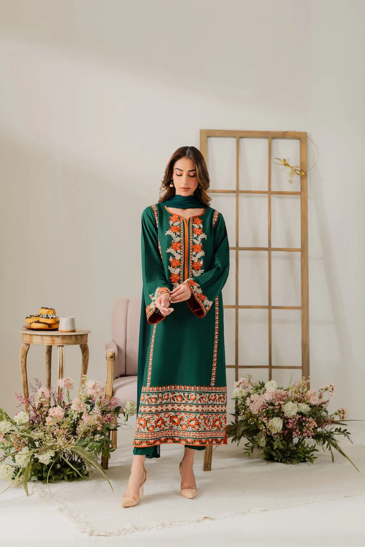 BrandsInn-3PC DHANAK EMBROIDERED SHIRT WITH BAMBER CHIFFON DUPATTA & TROUSER-BI-4248