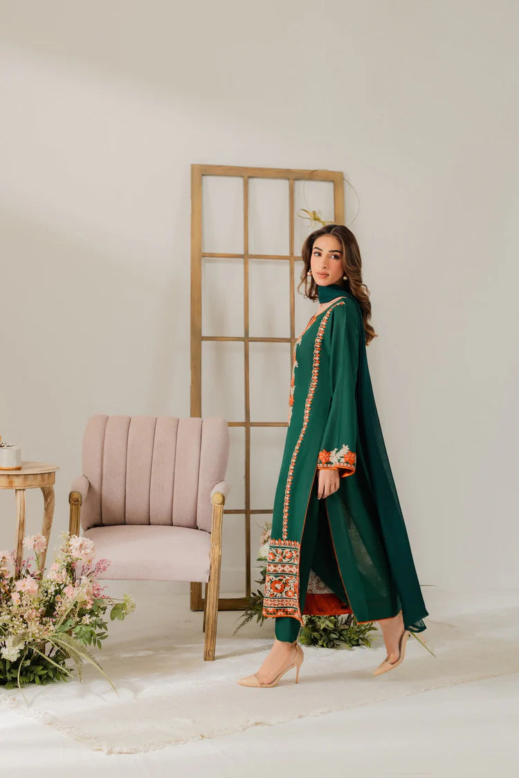 BrandsInn-3PC DHANAK EMBROIDERED SHIRT WITH BAMBER CHIFFON DUPATTA & TROUSER-BI-4248