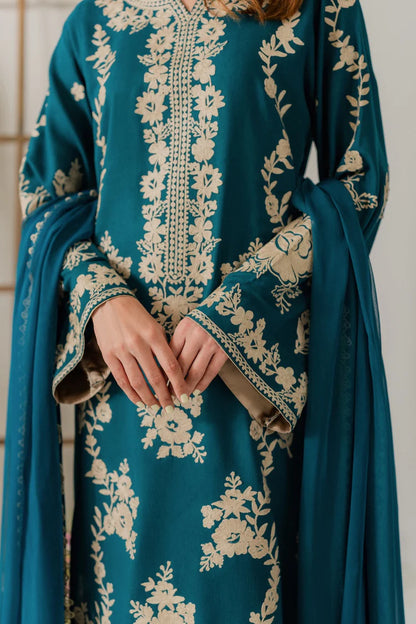 BrandsInn-3PC DHANAK EMBROIDERED SHIRT WITH BAMBER CHIFFON DUPATTA AND TROUSER-BI-4245