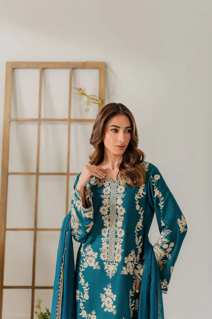 BrandsInn-3PC DHANAK EMBROIDERED SHIRT WITH BAMBER CHIFFON DUPATTA AND TROUSER-BI-4245