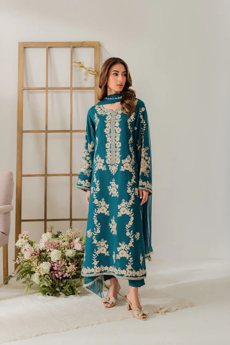BrandsInn-3PC DHANAK EMBROIDERED SHIRT WITH BAMBER CHIFFON DUPATTA AND TROUSER-BI-4245