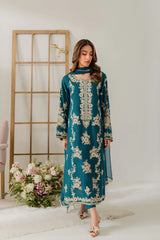 BrandsInn-3PC DHANAK EMBROIDERED SHIRT WITH BAMBER CHIFFON DUPATTA AND TROUSER-BI-4245
