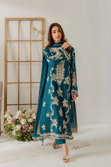 BrandsInn-3PC DHANAK EMBROIDERED SHIRT WITH BAMBER CHIFFON DUPATTA AND TROUSER-BI-4245