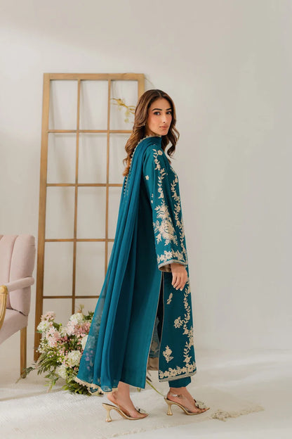 BrandsInn-3PC DHANAK EMBROIDERED SHIRT WITH BAMBER CHIFFON DUPATTA AND TROUSER-BI-4245