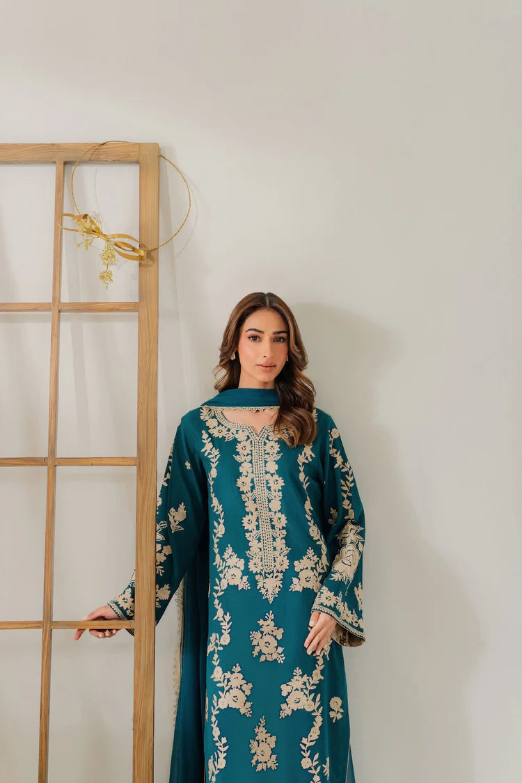 BrandsInn-3PC DHANAK EMBROIDERED SHIRT WITH BAMBER CHIFFON DUPATTA AND TROUSER-BI-4245