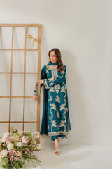 BrandsInn-3PC DHANAK EMBROIDERED SHIRT WITH BAMBER CHIFFON DUPATTA AND TROUSER-BI-4245