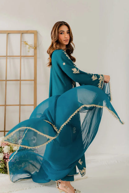 BrandsInn-3PC DHANAK EMBROIDERED SHIRT WITH BAMBER CHIFFON DUPATTA AND TROUSER-BI-4245