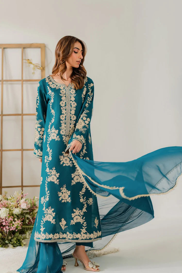 BrandsInn-3PC DHANAK EMBROIDERED SHIRT WITH BAMBER CHIFFON DUPATTA AND TROUSER-BI-4245